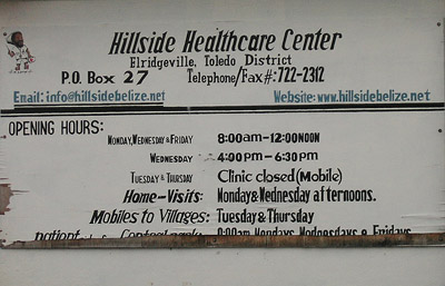 Hand painted sign. Hillside health care center. Punta Gorda, Belize